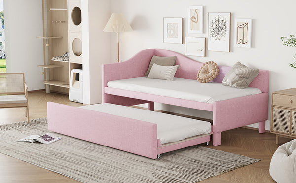 English Elm Twin Upholstered L-Shaped Daybed with Pop-Up Trundle, Space-Saving Guest Bed with Slats Kit and 400lb Capacity Pink SF000193AAH