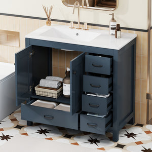 English Elm 36" Blue Bathroom Vanity with Ceramic Sink, 5 Drawers & Soft-Close Doors, Solid Wood Modern Storage N729P183735C