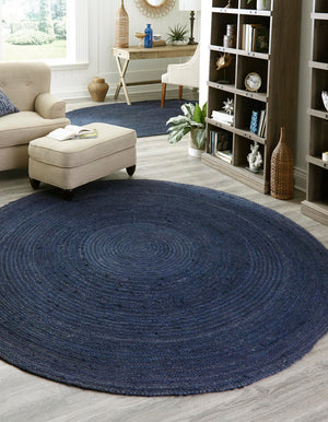 Unique Loom Braided Jute Dhaka Hand Woven Solid Rug Navy Blue,  5' 1" x 5' 1"