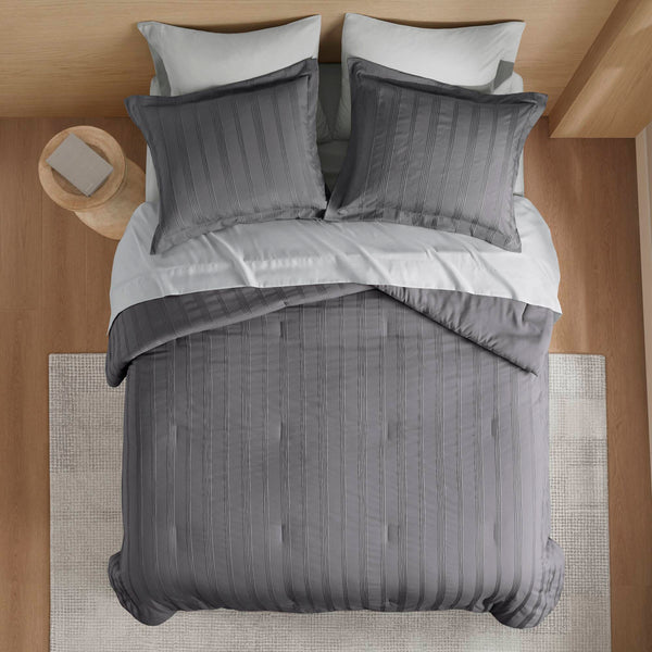 English Elm 7-piece Cal King Woven Stripe Comforter Set Neutral Polyester Bedding for Modern Bedroom Charcoal B035P463204