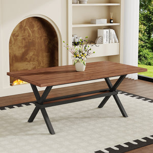 English Elm 71 Inch Industrial Dining Table Walnut Mdf Top Seats 8 with X Frame Steel Base Walnut+Black W1151P434794