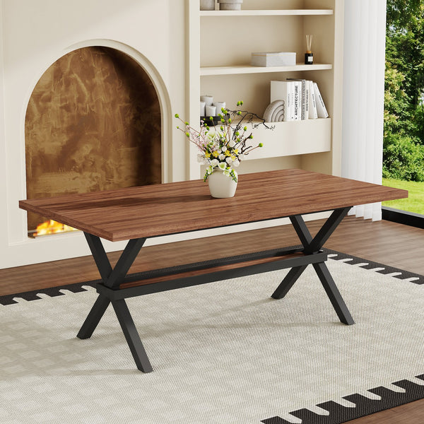 English Elm 71 Inch Industrial Dining Table Walnut Mdf Top Seats 8 with X Frame Steel Base Walnut+Black W1151P434794