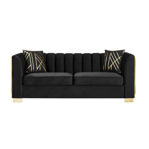 English Elm 81" Tufted Velvet Chesterfield Sofa with Gold Steel Legs for Elegant Living Rooms Black W1191S00063