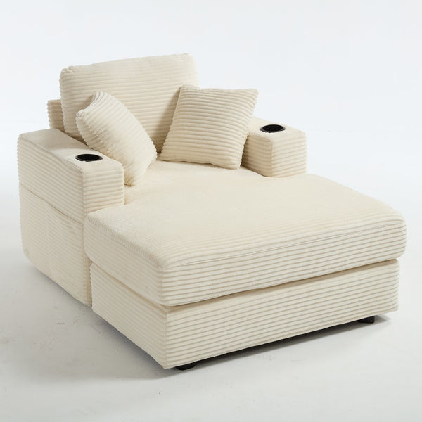 English Elm [New]Corduroy Chaise Lounge Sofa with Cup Holders,Detachable Cushions,Deep SeatMagazine Bag Beige W2120P322752