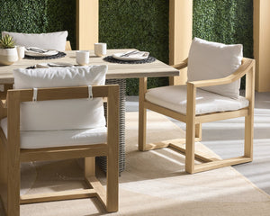 Sunpan Tahiti Outdoor Dining Armchair - Modern Teak Design with Durable Stinson White Fabric & Eco-Friendly Features