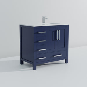 English Elm Navy 36" Bath Vanity with Right Offset White Quartz Top, Soft-Close Drawers, Faucet Included B2731P259056