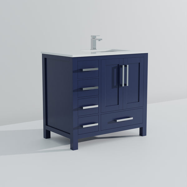 English Elm Navy 36" Bath Vanity with Right Offset White Quartz Top, Soft-Close Drawers, Faucet Included B2731P259056