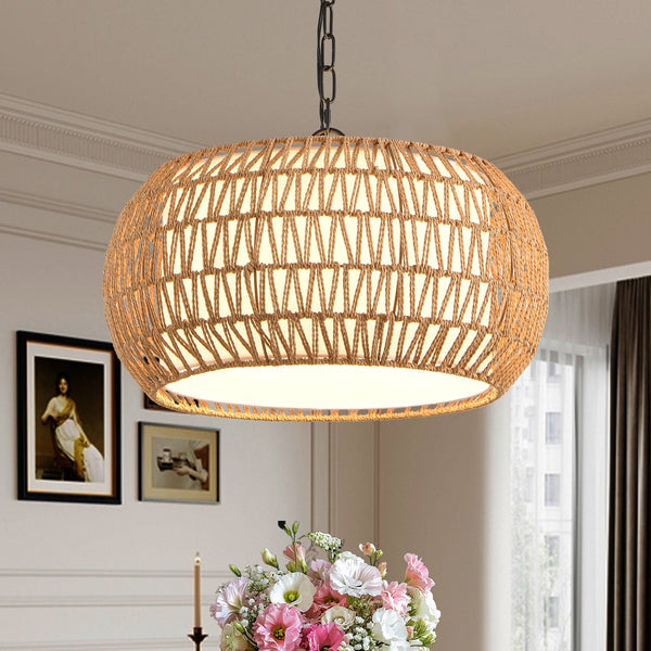 English Elm 18" Farmhouse Pendant Light - Handwoven Jute Rope Shade, Adjustable Chain, Warm Rustic Glow W2312P368681