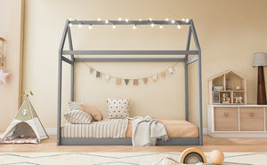English Elm Twin House Bed Pine Wood Frame with Peaked Roofline Low Profile Kids Bedroom WF197557AAE