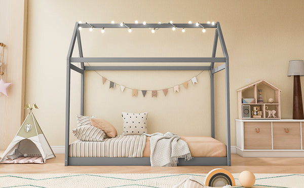 English Elm Twin House Bed Pine Wood Frame with Peaked Roofline Low Profile Kids Bedroom WF197557AAE