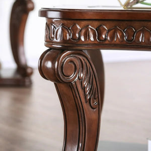 English Elm Dark Dark Oak Finish Traditional End Table with Ornate Carvings, 5mm Tempered Glass Top & Shelf B2741P357336