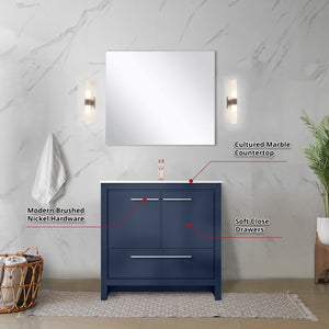 English Elm Navy Blue Bath Vanity Set With Cultured Marble Top, Rose Gold Faucet & Elegant 28" Mirror Included B2731S02070