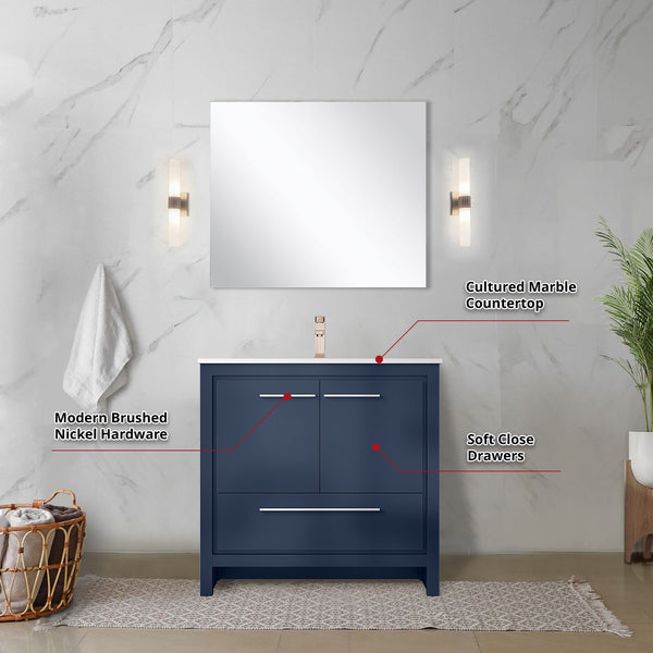 English Elm Navy Blue Bath Vanity Set With Cultured Marble Top, Rose Gold Faucet & Elegant 28" Mirror Included B2731S02070