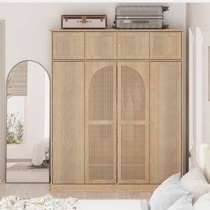 English Elm 70.87"tall Rattan Door Armoire Freestanding Wardrobe with Adjustable Shelves Hanging Rod Natural W757S00054