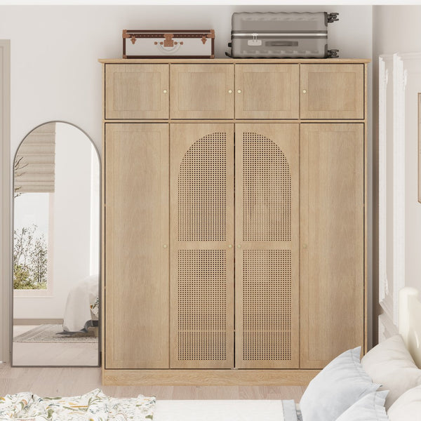 English Elm 70.87"tall Rattan Door Armoire Freestanding Wardrobe with Adjustable Shelves Hanging Rod Natural W757S00054