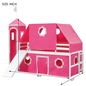 English Elm Twin Castle Loft Bed with Slide Tent Tower and Play Space for Kids Rooms Pink N708P249511H