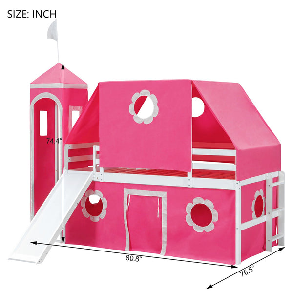 English Elm Twin Castle Loft Bed with Slide Tent Tower and Play Space for Kids Rooms Pink N708P249511H