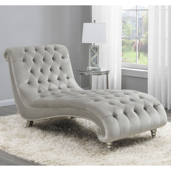 English Elm Emilia Glam Grey Velvet Tufted Chaise Lounge with Crystal Button Tufting & Nailhead Trim, Luxurious 38"H B062P340746