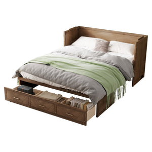 English Elm Queen Cabinet Murphy Bed Pine Wood Frame Geometric Panel Usb Charging Guest Room W504S00306