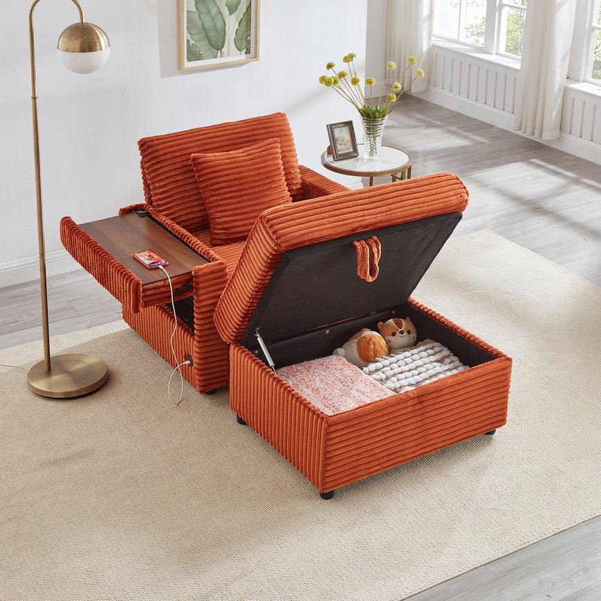 English Elm Comfortable Chenille Chaise Lounge Chair with Usb Port Ottoman Storage Living Room W3705P349926