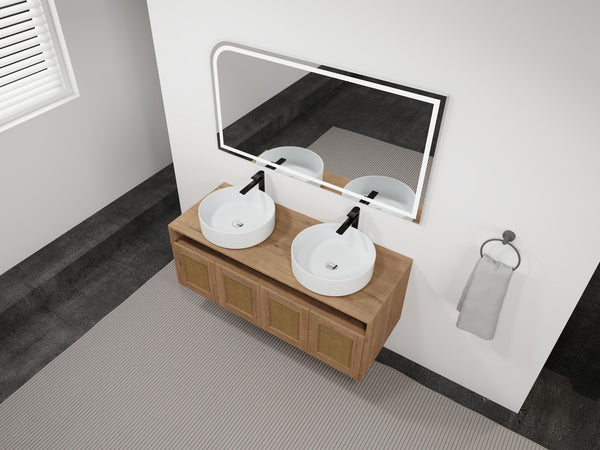 English Elm 48" Imitative Oak Wall Mounted Bathroom Vanity with Ceramic Art Sink, Plywood, 4 Soft-Close Doors, Modern Float Design W999S00399