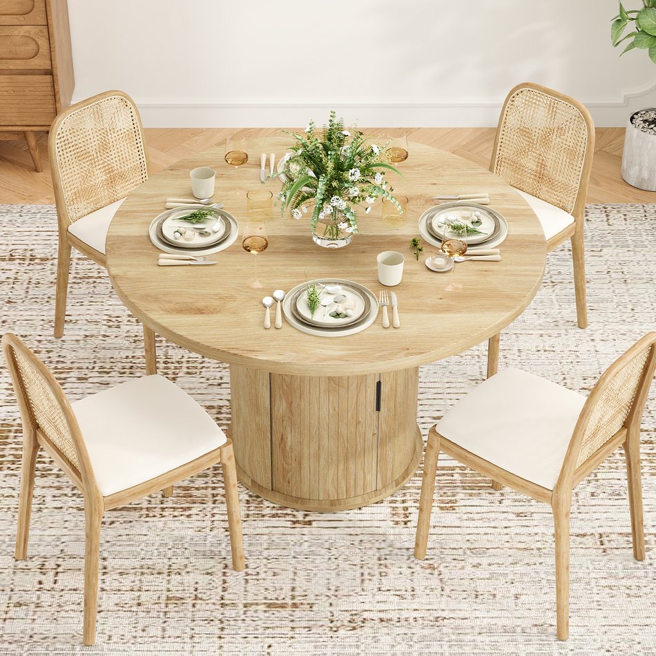 English Elm 43" Round Wood Dining Table with Geometric Metal Base Seats 4 Space Saving Modern Natural T3623P433900