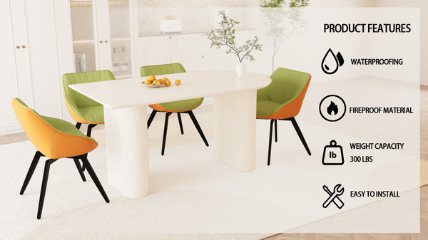 English Elm 63" Cream Mdf Dining Table Set with Carved Wave Legs and Beige Pu Upholstered Chairs White+Green W2189S00851