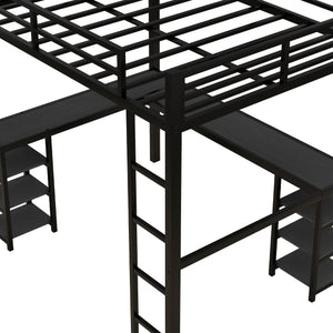 English Elm Full Metal Loft Bed With Desk & Shelves - Space-Saving Design, Safety Guardrails, Modern Black Frame W1580S00049