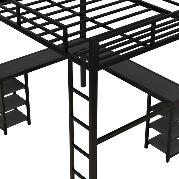 English Elm Full Metal Loft Bed With Desk & Shelves - Space-Saving Design, Safety Guardrails, Modern Black Frame W1580S00049