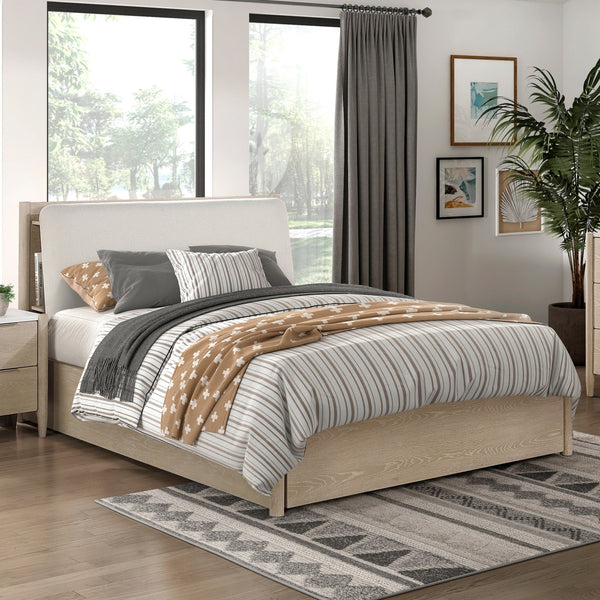 English Elm King Storage Bed Upholstered Headboard Oak Frame with Usb Shelves and Footboard Drawers B011S02355