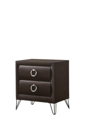English Elm Tablita Two Drawer Nightstand with V-leg Base and Dark Merlot Rubberwood Finish B2726P411559