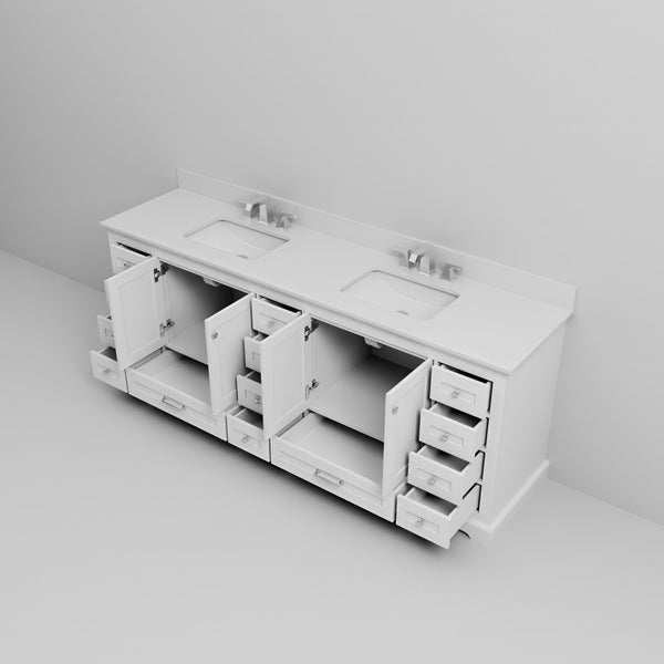 English Elm White Double Bath Vanity 84" W X 22" D With White Quartz Top, Storage Galore & Faucet Set Included B2731P258421-GIGA