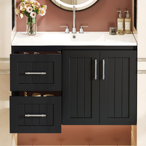 English Elm 36'' Wall Mounted Bathroom Vanity with Ceramic Sink, Solid Wood & MDF Floating Cabinet with Drawers Black N710P293299B
