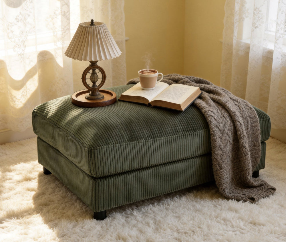 English Elm Corduroy Ribbed Upholstered Ottoman Plush Footrest or Extra Seating for Living Rooms Dark Green B2748P483415