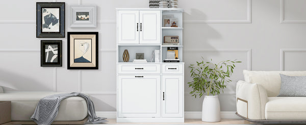 English Elm Tall Freestanding Organizer Cabinet with Tilt-Out Hamper, 2 Drawers, Adjustable Shelves, Modern White MDF Storage N725S352451K