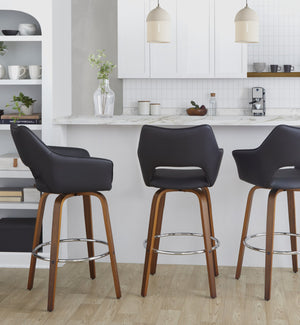English Elm Fixed-height Swivel Barstools Mid-century Walnut Bentwood Frame Grey Upholstered Set B202S01929