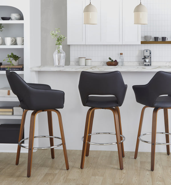 English Elm Fixed-height Swivel Barstools Mid-century Walnut Bentwood Frame Grey Upholstered Set B202S01929