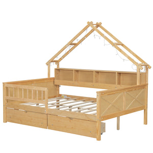 English Elm Wood Full Size Gaming Loft Bed with Integrated Desk, Shelves, LED Lighting & Hanging Clothes Rack Natural N7090001044N