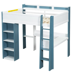 English Elm Full Size Wood Loft Bed With Desk, Storage Shelves & Clothes Rails - Modern Space-Saving Design N7090005007C