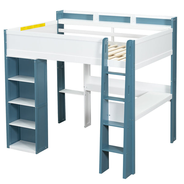 English Elm Full Size Wood Loft Bed With Desk, Storage Shelves & Clothes Rails - Modern Space-Saving Design N7090005007C