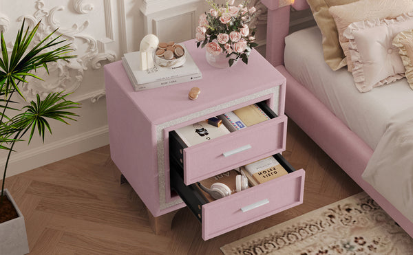 English Elm Mid Century Nightstand Velvet 2-Drawer Bedside Table with Metal Legs, Retro Space-Saving Storage and Durable Finish Pink 23.5 L x 19 W x 17 H N733P183659H