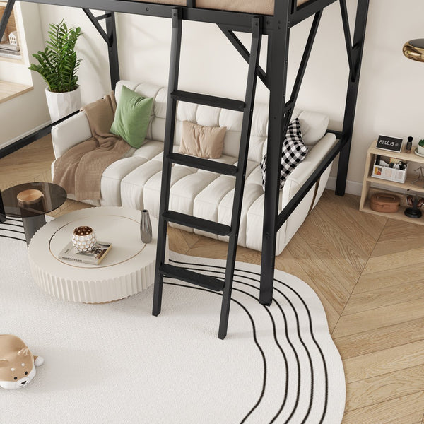 English Elm Full Size Loft Bed with Ladder & Built-In Shelves, Sturdy Metal High Loft for Kids Teens Black W2580P316646