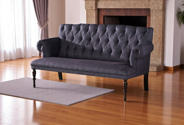 English Elm 66" Modern Loveseat with Button-Tufted Back, Rolled Arms & Solid Wood Turned Legs for Compact Spaces Blue B029P333527