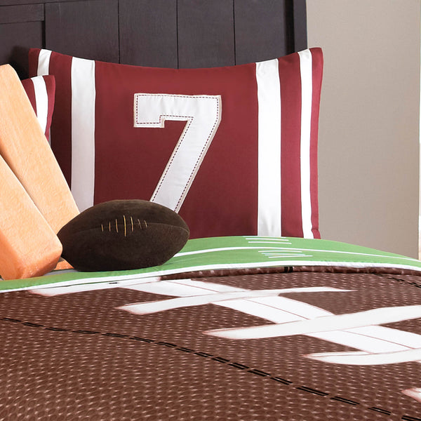 English Elm Field Goal 6Pc Full Comforter Set Brown — Reversible Polyester Bedding with 2 Shams & 3 Football Pillows B340P342008