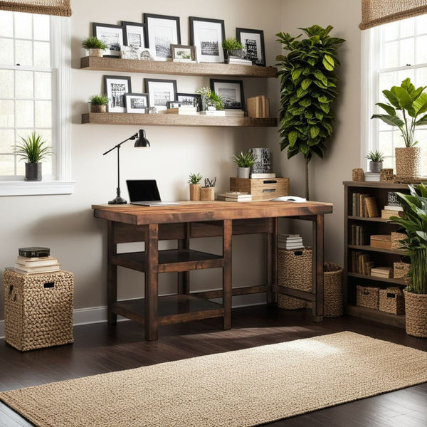 English Elm 60 Knotty Alder Workstation Desk in Whiskey Finish — Fully Assembled, Rustic Urban Style with Open Shelves for Home Office B108P160193