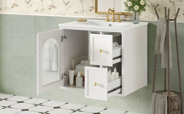 English Elm 24" Floating Bathroom Vanity with Ceramic Sink Two Drawers White Mdf Cabinet N710P286704K