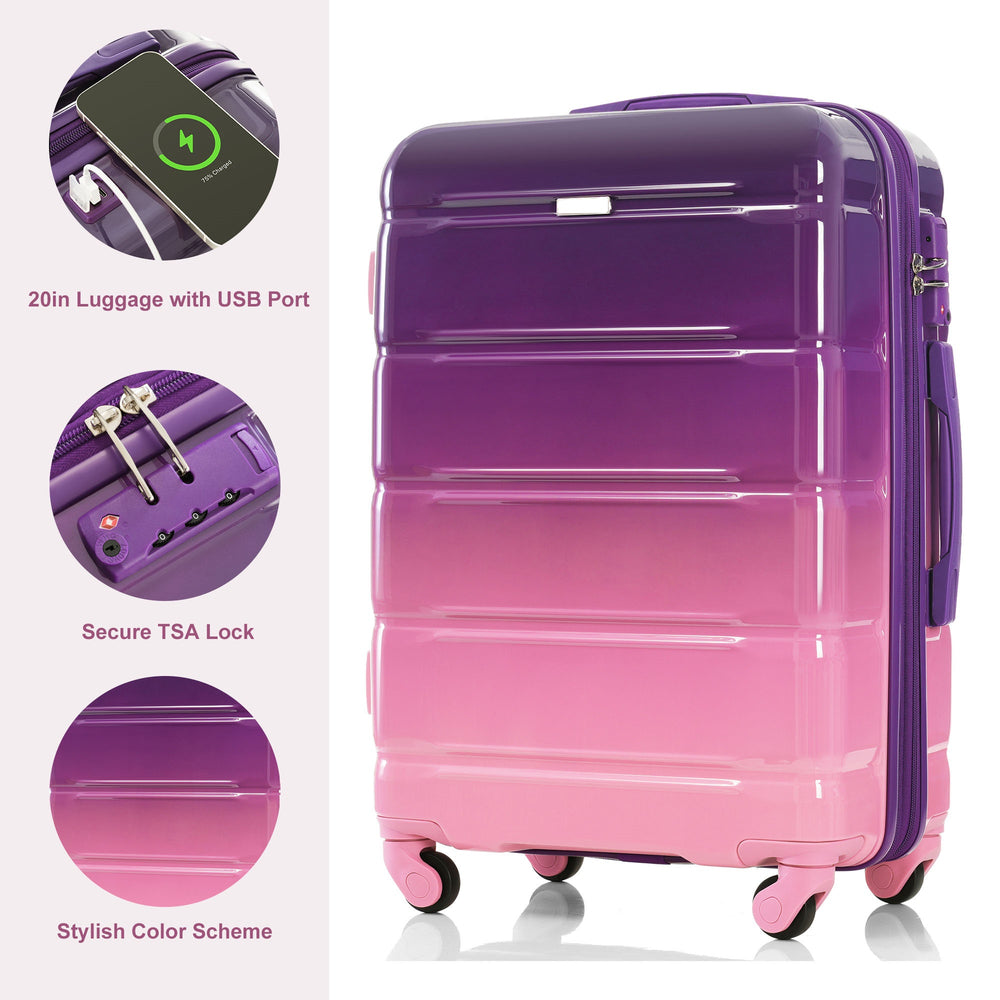 English Elm Luggage Five Piece Hard Shell Travel Set with Usb Port and Spinner Wheels Purple N726P265424P