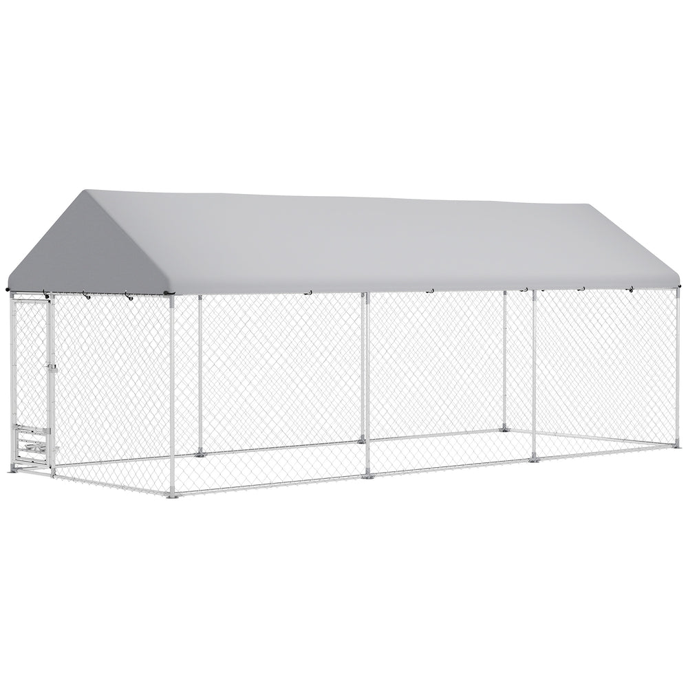 English Elm Large-sized Galvanized Steel Outdoor Dog Kennel with Oxford Fabric Weatherproof Roof T3971S00099