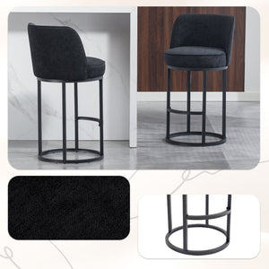English Elm Counter Height Barstools Set of 2 Linen Upholstered Barrel Seat with Iron Legs Black W395P410438