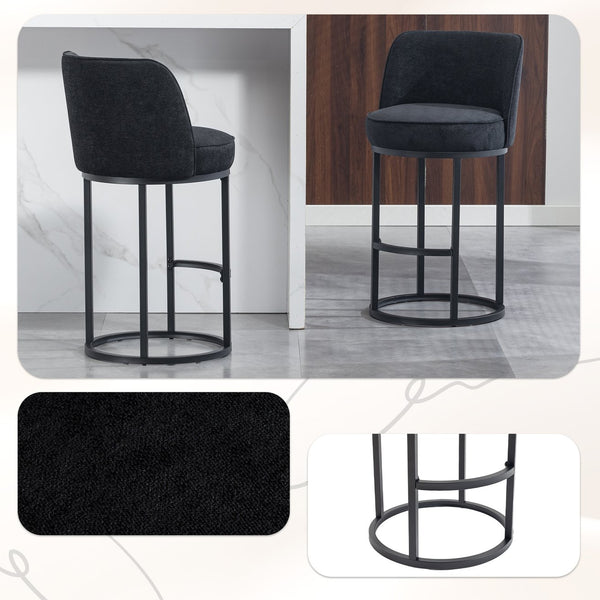 English Elm Counter Height Barstools Set of 2 Linen Upholstered Barrel Seat with Iron Legs Black W395P410438